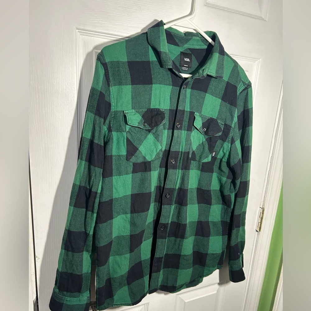 Vans Men's Green Black Checked Plaid Flannel Button Up Size Medium - Picture 2 of 10